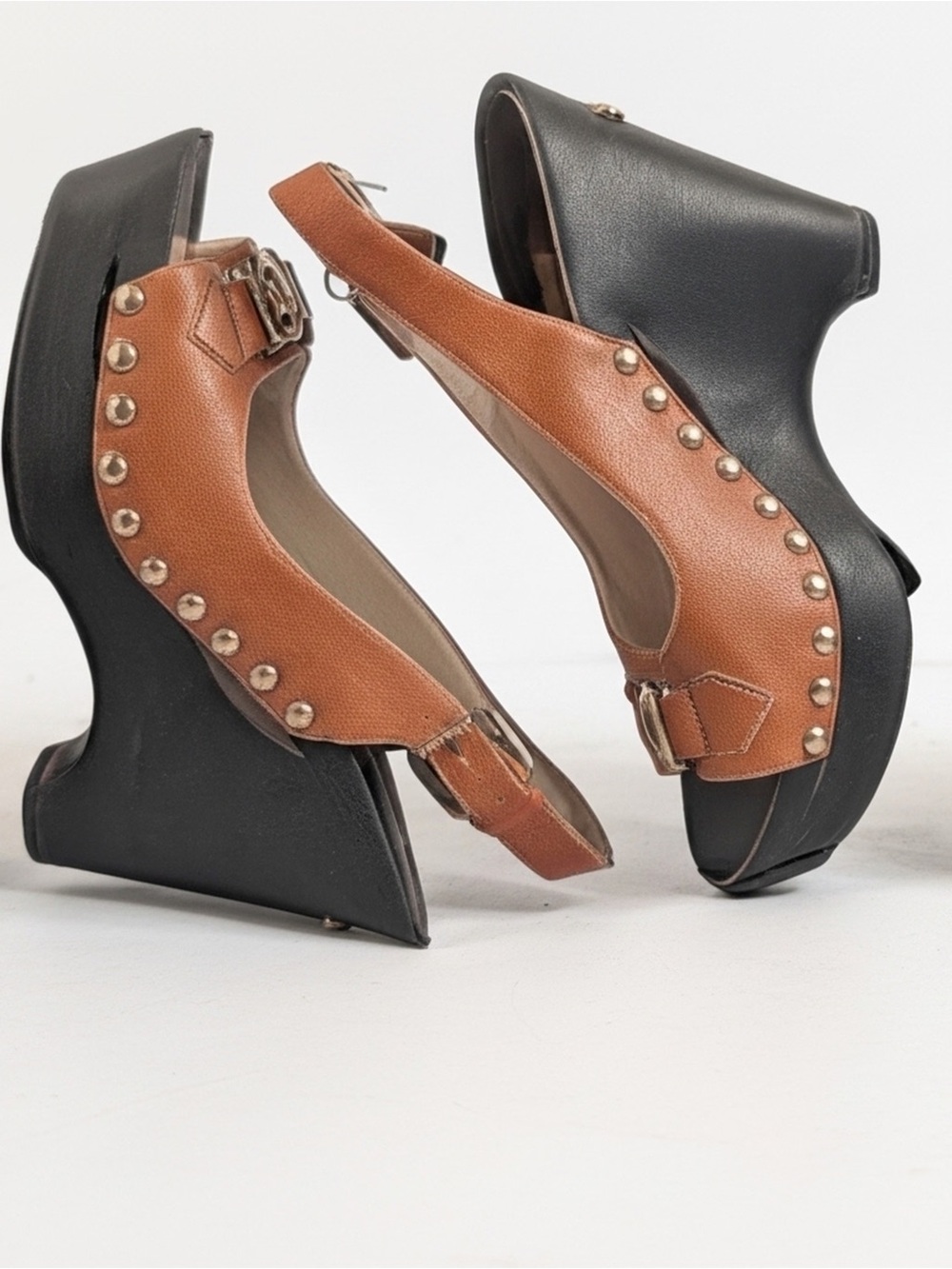 Michael Kors Brown Leather Studded Platform Charm Wedge Slingbacks Size 7